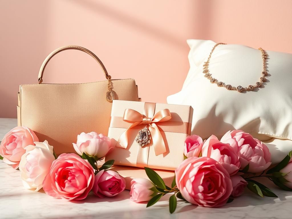Flick International Elegant display of luxury gift items for Mother's Day including jewelry and silk pillowcases