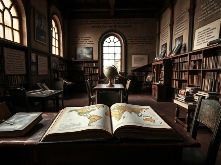 Flick International A contemplative landscape of a historical library filled with dusty books and an open book featuring a world map.