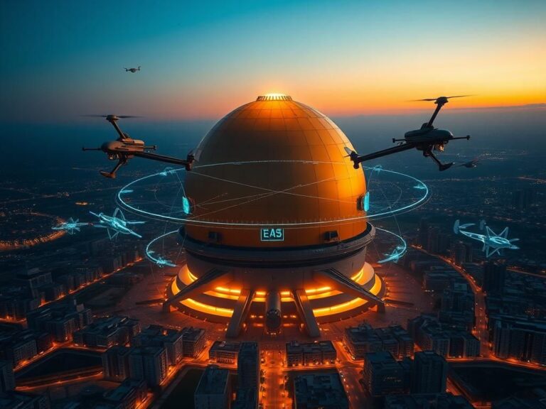 Flick International Futuristic aerial view of a high-tech missile defense system featuring a golden dome structure.