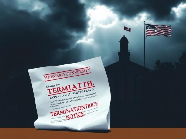 Flick International Dark and imposing Harvard University building under stormy skies with a federal contract document in the foreground