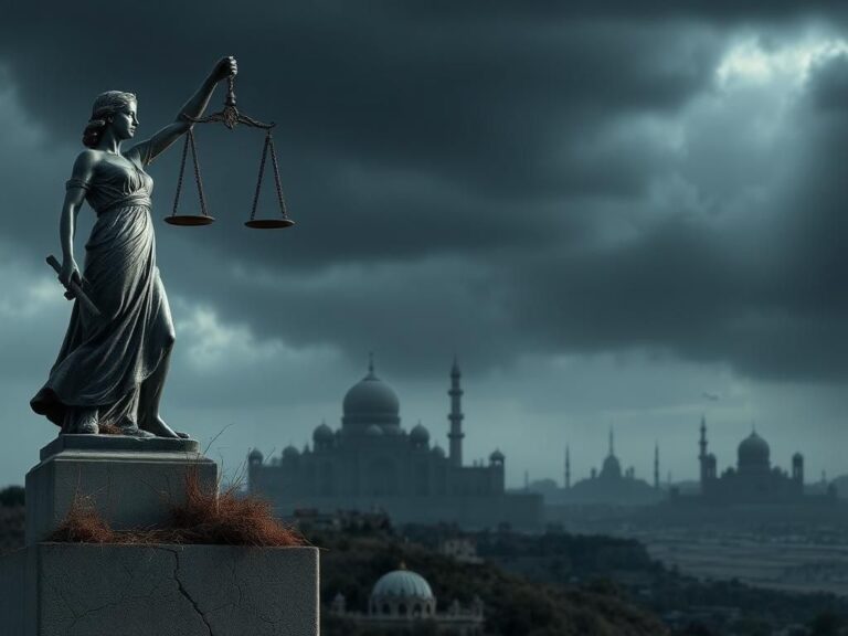 Flick International Broken statue of Lady Justice amidst a dark skyline, symbolizing the neglect of rights and freedoms in the context of conflict
