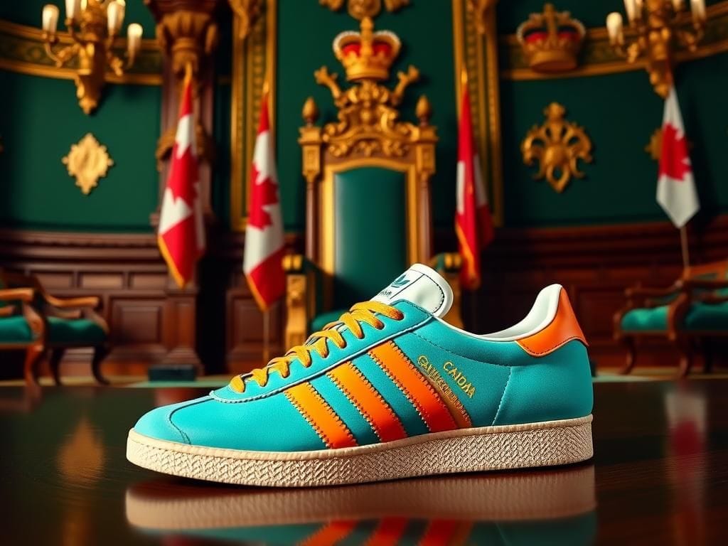 Flick International Bright turquoise and orange Adidas Gazelle sneakers alongside traditional ornate leather shoe in Canadian Senate chamber