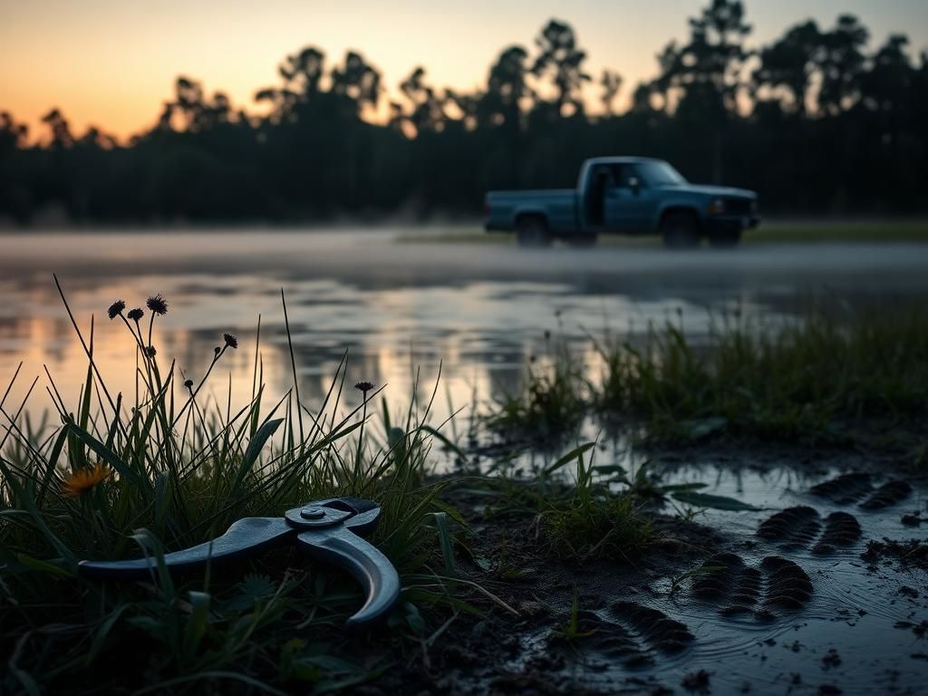 Flick International A tranquil Florida lake at dawn with garden shears on the ground