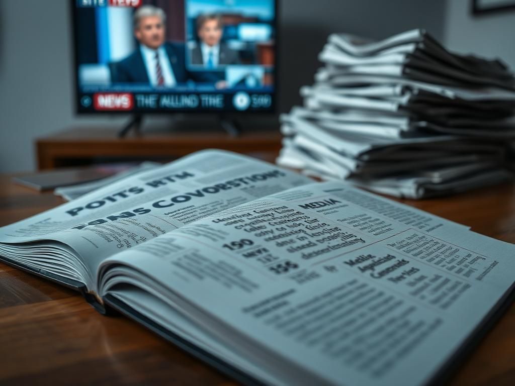 Flick International Close-up of an open book discussing political controversies and media accountability