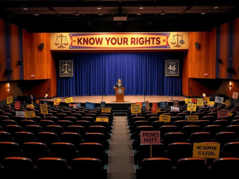 Flick International Empty auditorium stage with a podium and protest signs for 'Know Your Rights' event