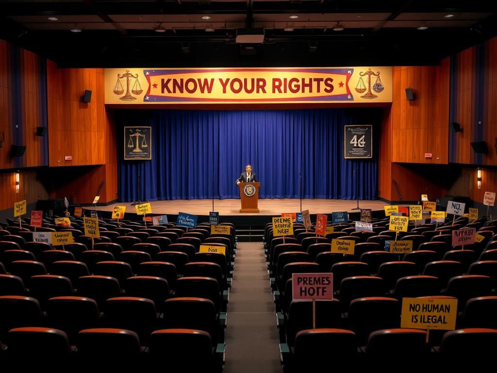 Flick International Empty auditorium stage with a podium and protest signs for 'Know Your Rights' event