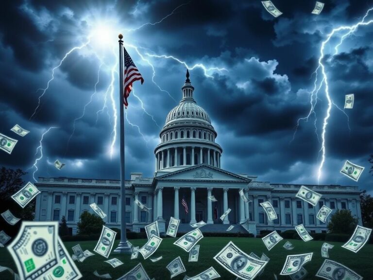 Flick International A dramatic depiction of the U.S. House of Representatives building with an American flag and chaotic stormy skies