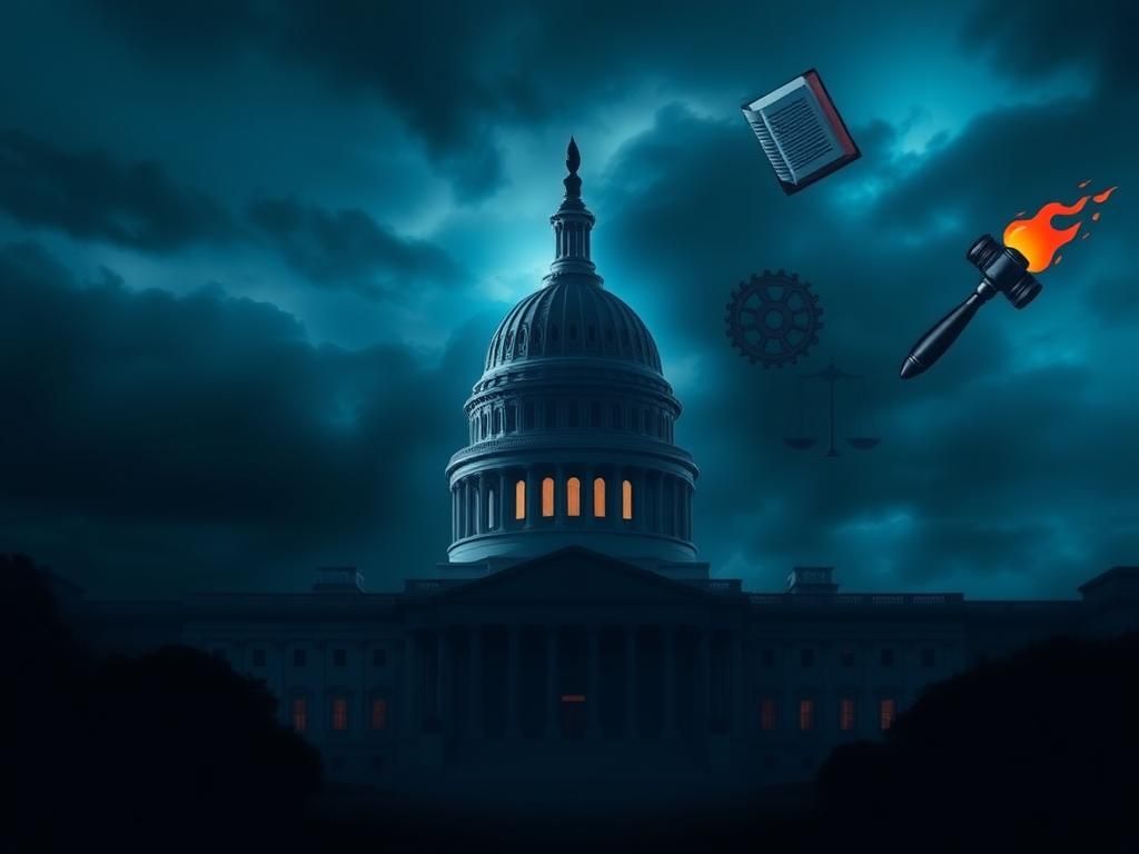 Flick International Abstract representation of a shadow cabinet concept with ominous silhouette of government building.