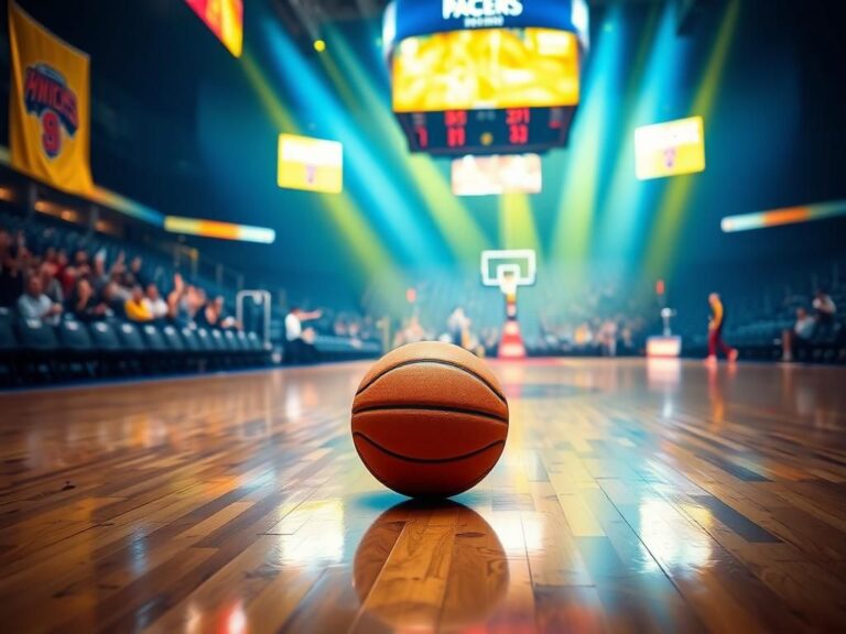 Flick International Basketball court scene showing a polished floor, a basketball near the three-point line, and the scoreboard indicating Pacers 131, Knicks 121.