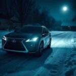 Flick International A dark, winter night scene featuring a black Lexus SUV parked in a suburban neighborhood illuminated by moonlight.