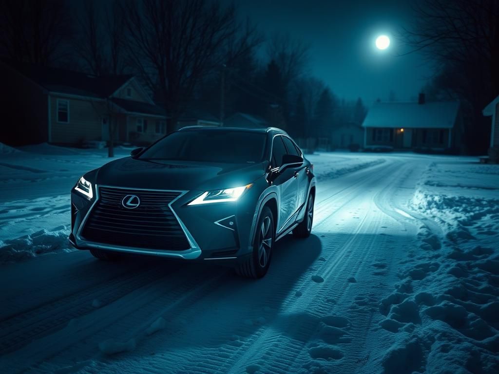 Flick International A dark, winter night scene featuring a black Lexus SUV parked in a suburban neighborhood illuminated by moonlight.
