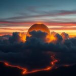 Flick International Dramatic view of North America at dusk featuring a golden futuristic dome structure symbolizing the proposed 'Golden Dome' missile defense system.