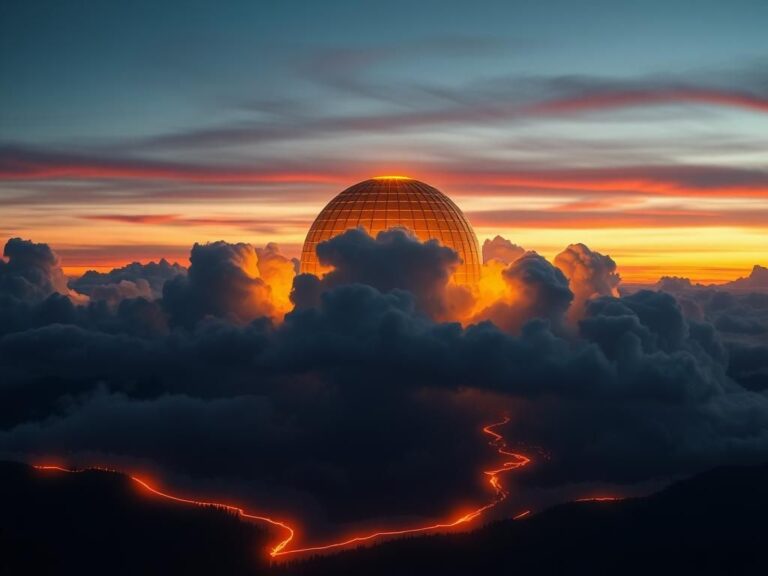 Flick International Dramatic view of North America at dusk featuring a golden futuristic dome structure symbolizing the proposed 'Golden Dome' missile defense system.