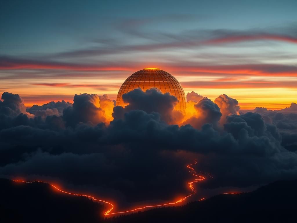 Flick International Dramatic view of North America at dusk featuring a golden futuristic dome structure symbolizing the proposed 'Golden Dome' missile defense system.
