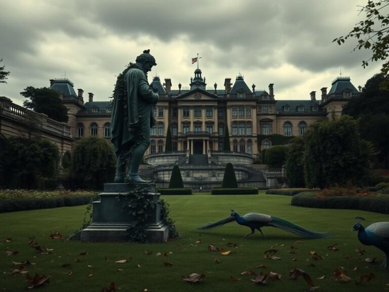 Flick International Regal palace under overcast sky with weathered statue and peacock