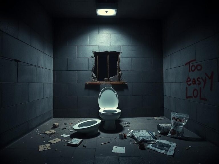 Flick International Dimly lit jail cell showcasing remnants of a broken toilet and evidence of a recent escape