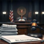 Flick International A somber courtroom scene depicting an empty bench and gavel with legal documents related to the IRS investigation