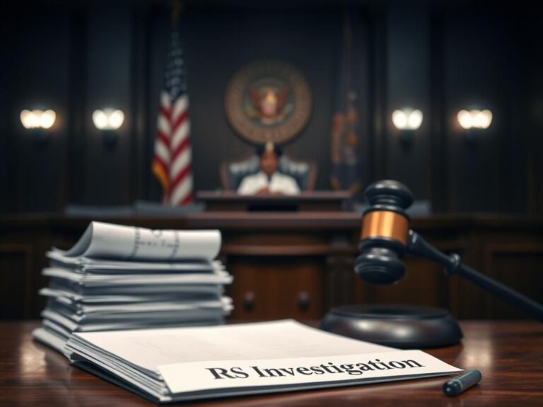 Flick International A somber courtroom scene depicting an empty bench and gavel with legal documents related to the IRS investigation