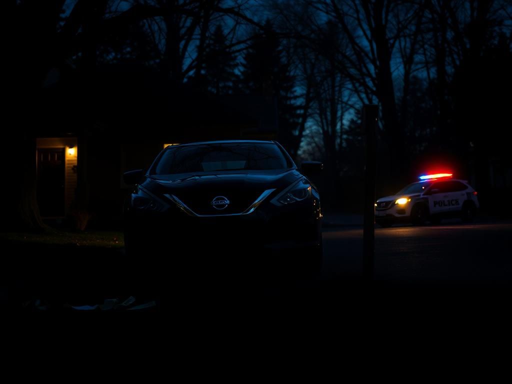 Flick International A dark suburban street scene at twilight, featuring a black Nissan parked ominously
