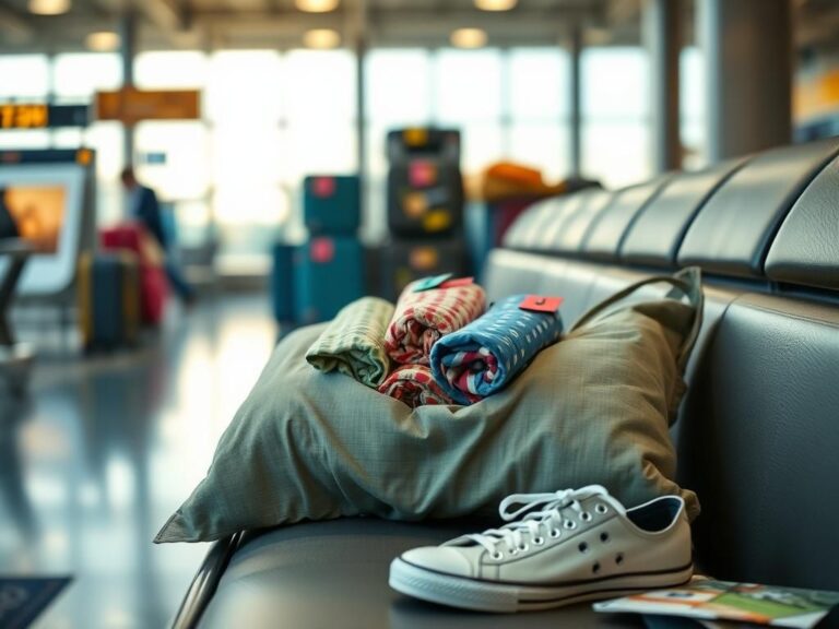 Flick International Cozy travel scene featuring a pillowcase stuffed with rolled clothing items at an airport bench