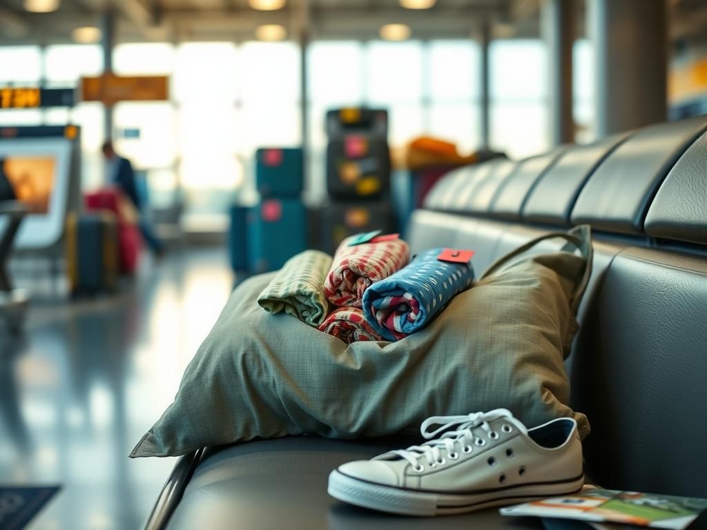 Flick International Cozy travel scene featuring a pillowcase stuffed with rolled clothing items at an airport bench