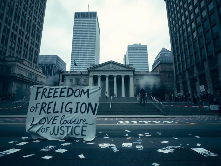 Flick International Somber urban scene at Seattle City Hall with barricades and protest signs