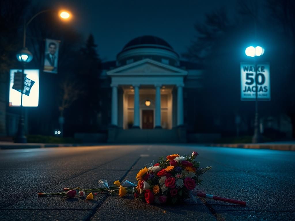 Flick International Empty street in Washington, D.C. with memorial flowers and the Capital Jewish Museum in the background