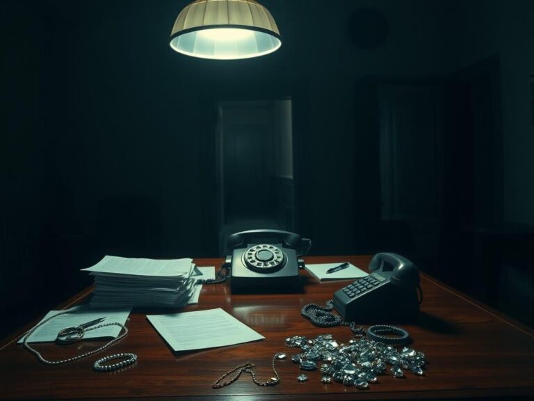 Flick International A dimly lit room filled with legal documents and a lie detector machine, symbolizing tension in Diddy's federal trial