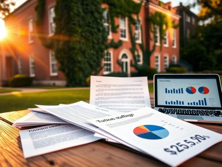 Flick International Close-up view of a college campus with historic ivy-covered building and scattered letters on a wooden table