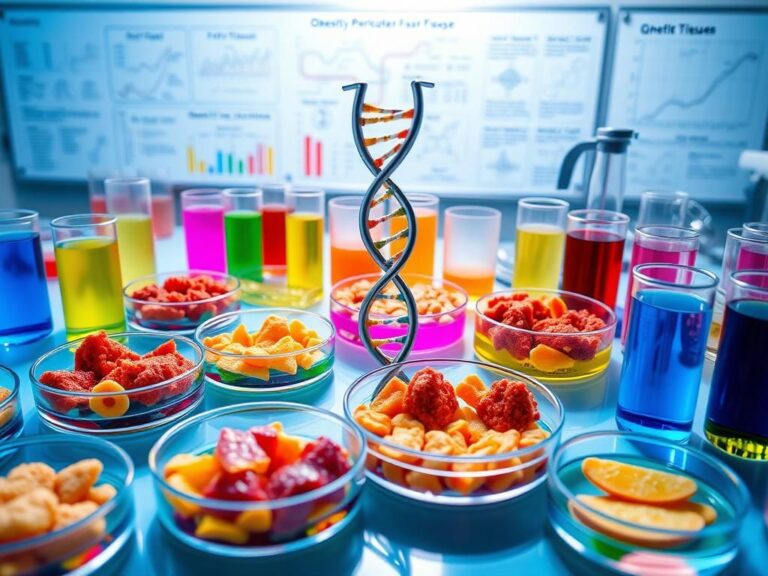 Flick International A scientific laboratory scene illustrating obesity research with colorful petri dishes and test tubes