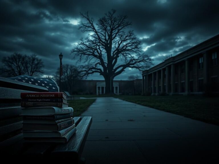 Flick International Empty university campus under a cloudy sky symbolizing free speech suppression