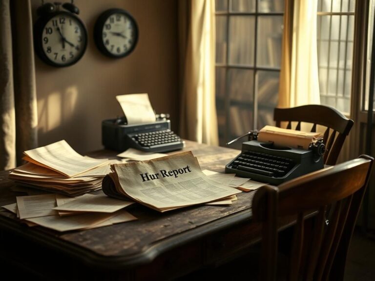 Flick International A weathered old desk with scattered documents and a vintage typewriter, symbolizing stalled communication.