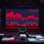 Flick International somber news studio backdrop with fluctuating stock market graphs in red