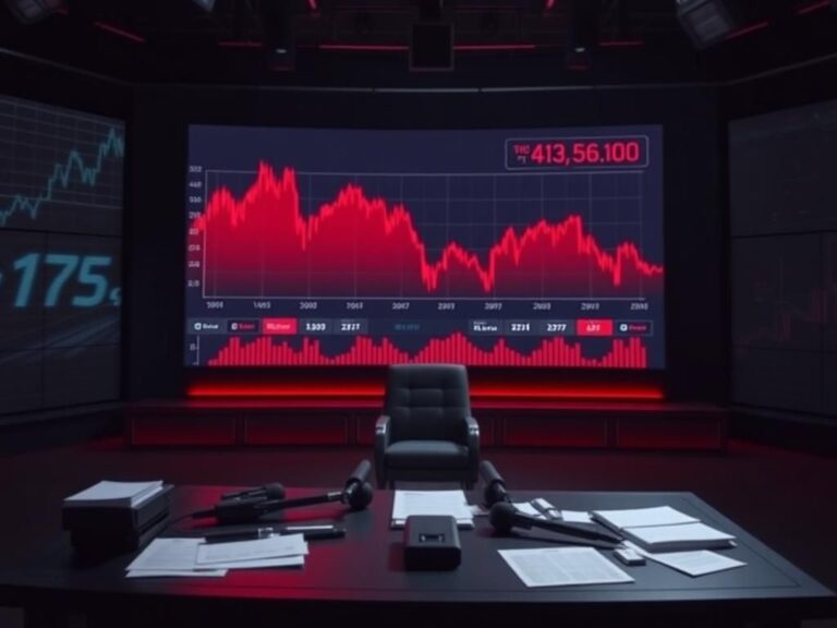 Flick International somber news studio backdrop with fluctuating stock market graphs in red