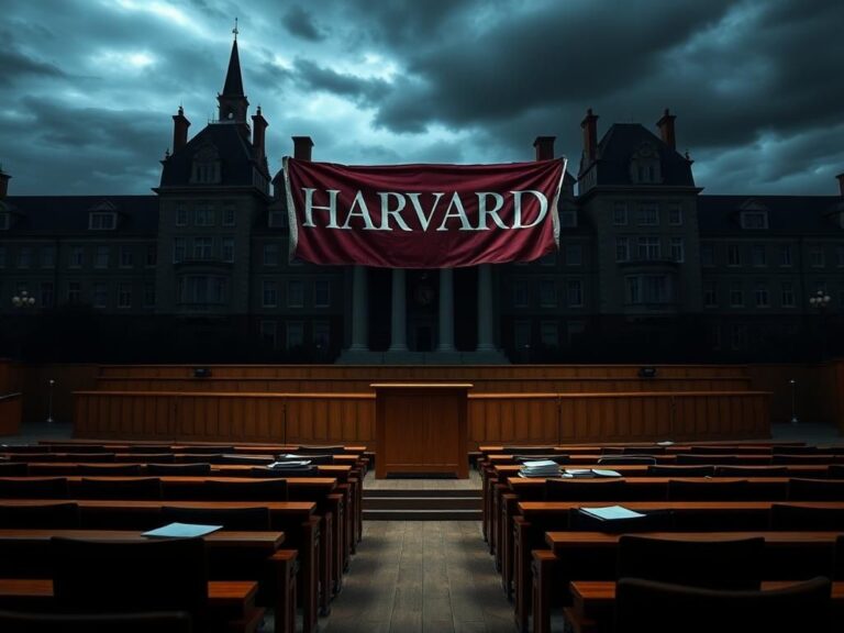 Flick International A dramatic portrayal of an empty Harvard lecture hall under a stormy sky, symbolizing conflict
