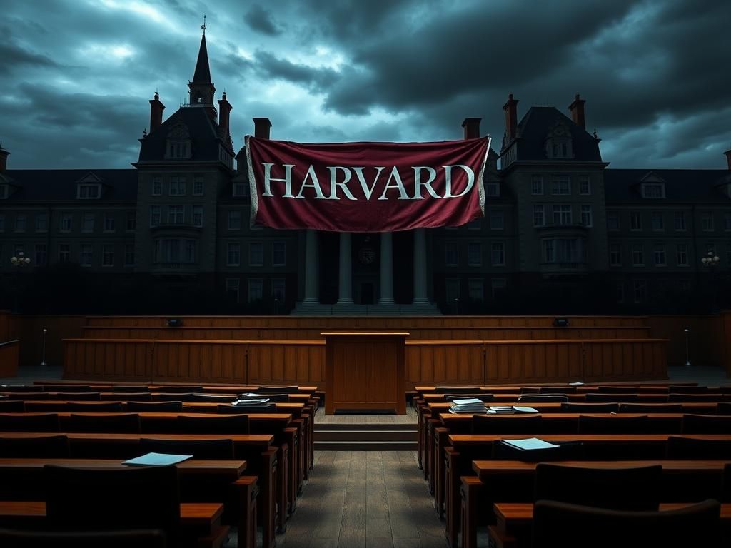 Flick International A dramatic portrayal of an empty Harvard lecture hall under a stormy sky, symbolizing conflict