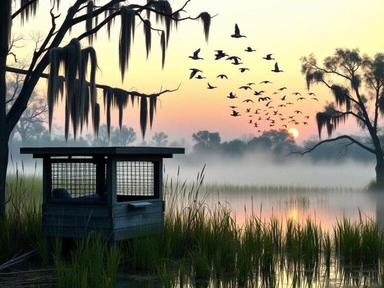 Flick International A serene Louisiana bayou at dawn with a rustic duck blind and ducks flying in the background