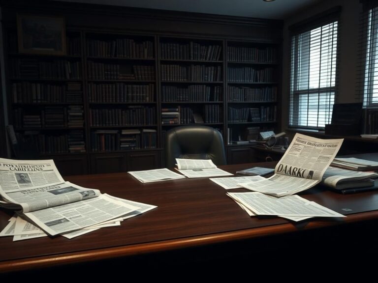 Flick International An empty wooden desk scattered with papers discussing media narratives on Biden's health