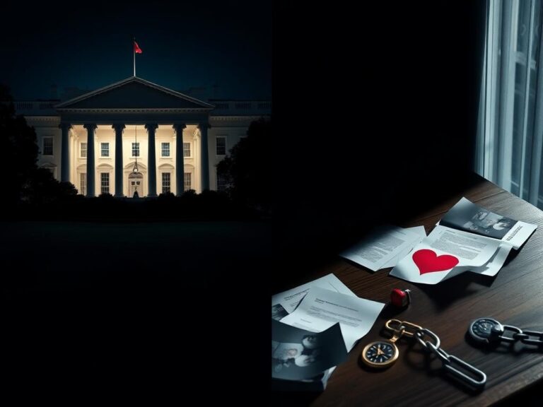 Flick International A split-image composition showing a darkened White House exterior with illuminated columns and a desk filled with crumpled documents, symbolizing loyalty and betrayal in politics