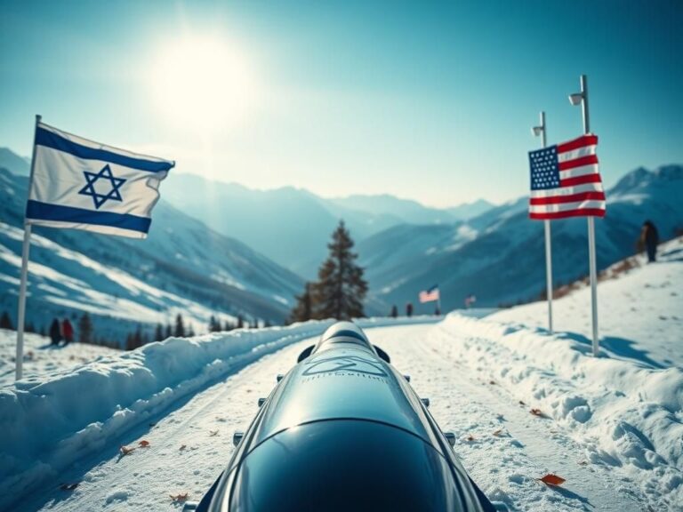 Flick International A bobsled at the starting line on a snowy track surrounded by flags of Israel and the United States.