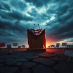 Flick International A dramatic political landscape featuring an empty podium with an American flag, symbolizing the presidential stage.