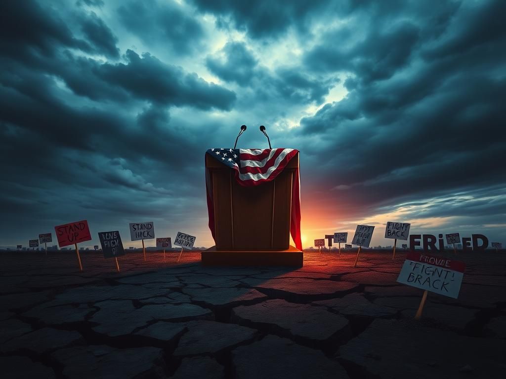 Flick International A dramatic political landscape featuring an empty podium with an American flag, symbolizing the presidential stage.