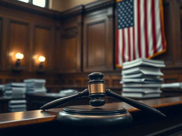 Flick International A dramatic courtroom scene with a gavel and stacked legal documents symbolizing justice