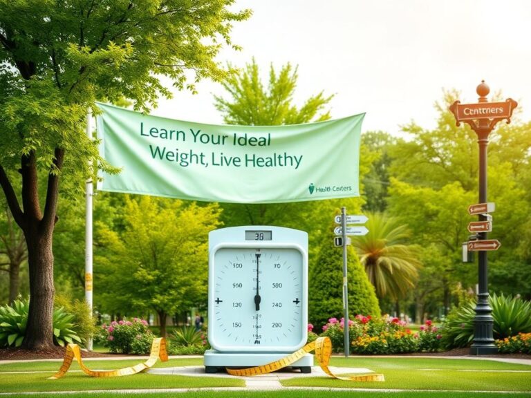 Flick International Public weighing station with oversized scales and measuring tape in a park, surrounded by trees and flowers