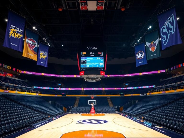 Flick International Empty indoor basketball arena featuring Indiana Fever and Chicago Sky banners