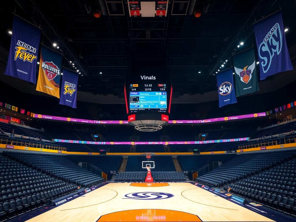 Flick International Empty indoor basketball arena featuring Indiana Fever and Chicago Sky banners