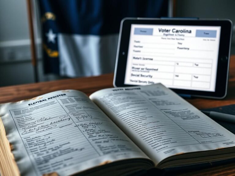 Flick International Close-up of a weathered electoral register book with faded names next to a modern tablet showing a voter registration form
