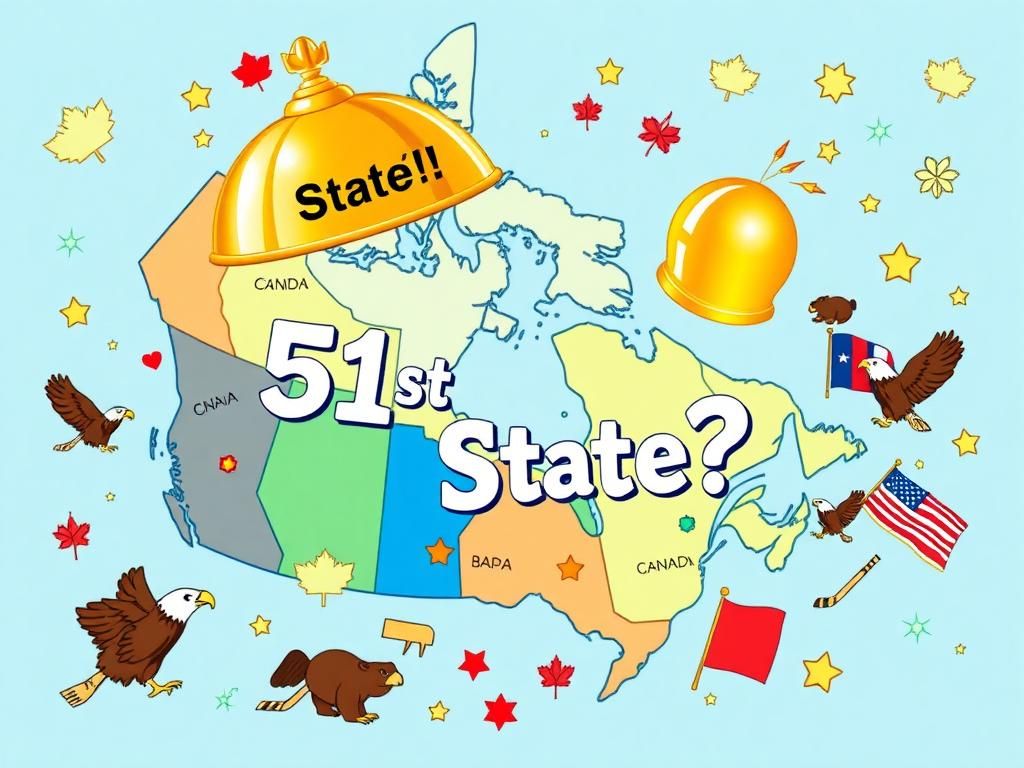 Flick International Colorful map of North America with Canada labeled as '51st State?' and a shiny golden dome overlay