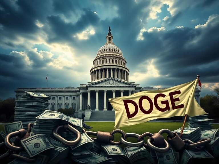 Flick International A representation of the U.S. Congress building surrounded by oversized dollar bills and broken chains, symbolizing federal spending and the push for budget cuts.