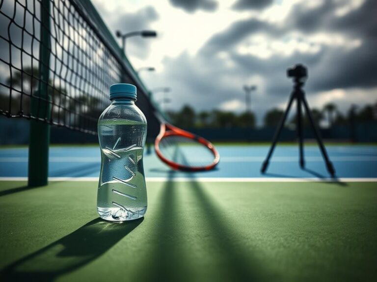 Flick International Close-up of a tennis court with an empty water bottle and a blurred racket